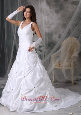 V-neck Taffeta Pick-ups Bridal Dress Court Train Beading