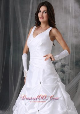 V-neck Taffeta Pick-ups Bridal Dress Court Train Beading