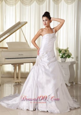 One Shoulder Taffeta Princess Court Train Bridal Dress