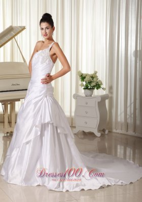 One Shoulder Taffeta Princess Court Train Bridal Dress