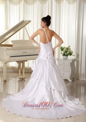 One Shoulder Taffeta Princess Court Train Bridal Dress