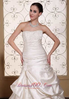 Off White Strapless Chapel Train Taffeta Wedding Dress Pick-ups