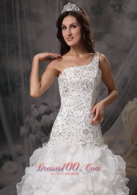 Beading One Shoulder Organza Ruffles Court Train Bridal Dress