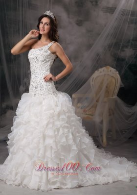 Beading One Shoulder Organza Ruffles Court Train Bridal Dress