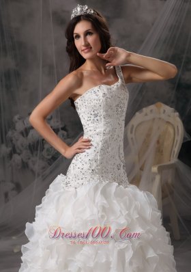 Beading One Shoulder Organza Ruffles Court Train Bridal Dress