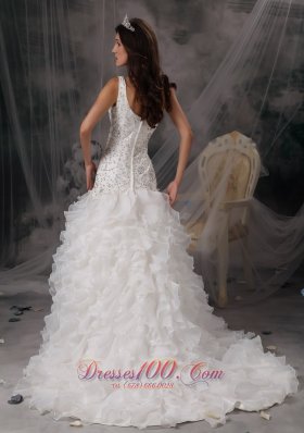 Beading One Shoulder Organza Ruffles Court Train Bridal Dress