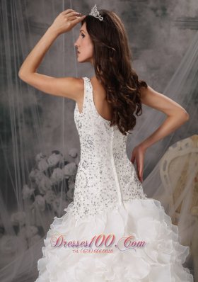 Beading One Shoulder Organza Ruffles Court Train Bridal Dress