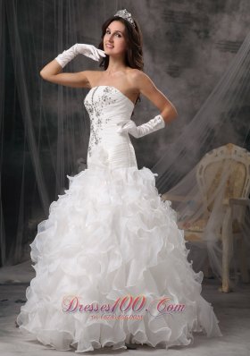 Organza Ruffles Beading Strapless Floor-length Wedding Dress