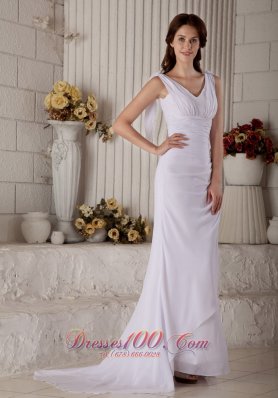 Slim V-neck Straps Chiffon Bridal Gown With Brush Train