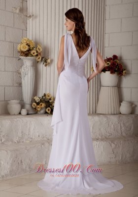 Slim V-neck Straps Chiffon Bridal Gown With Brush Train