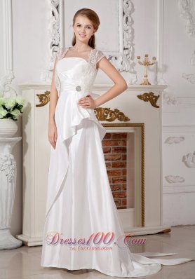 Beading And Bowknot Strapless Taffeta Brush Train Wedding Gown