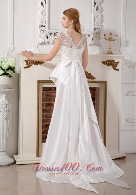 Beading And Bowknot Strapless Taffeta Brush Train Wedding Gown