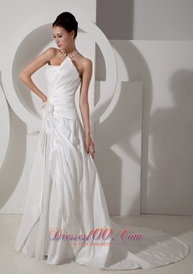 Strapless Satin Court Train Bridal Wedding Gown Handle Flower