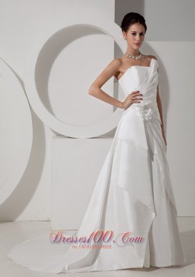 Strapless Satin Court Train Bridal Wedding Gown Handle Flower