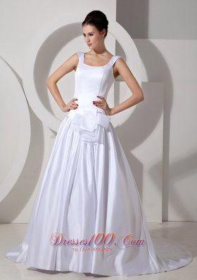 Scoop Neck Princess Satin Bridal Dress Court Train With Sash