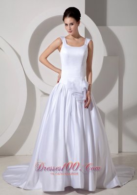 Scoop Neck Princess Satin Bridal Dress Court Train With Sash