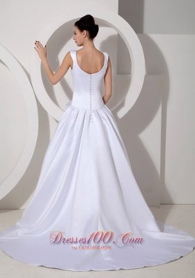 Scoop Neck Princess Satin Bridal Dress Court Train With Sash