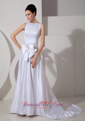 Bridal Wedding Gown Bateau Neck Brush Train Satin