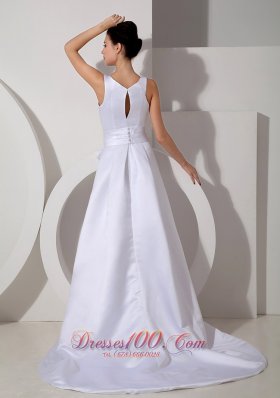 Bridal Wedding Gown Bateau Neck Brush Train Satin