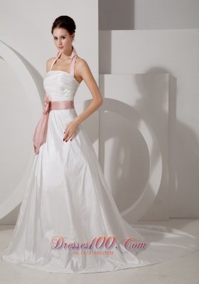 Halter Top Rucched Sash Wedding Dress With Court Train