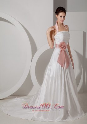 Halter Top Rucched Sash Wedding Dress With Court Train