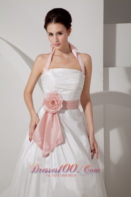 Halter Top Rucched Sash Wedding Dress With Court Train