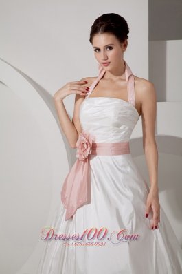 Halter Top Rucched Sash Wedding Dress With Court Train