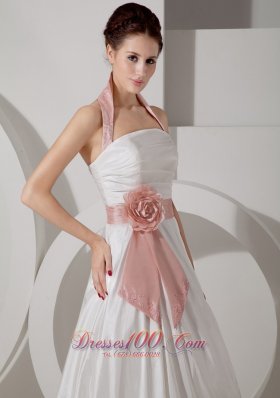 Halter Top Rucched Sash Wedding Dress With Court Train