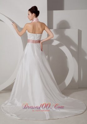 Halter Top Rucched Sash Wedding Dress With Court Train