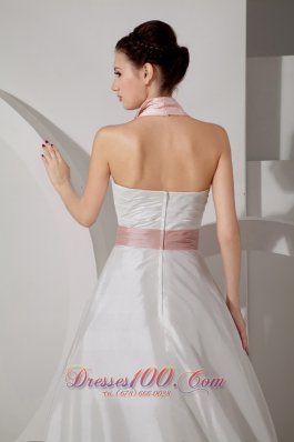 Halter Top Rucched Sash Wedding Dress With Court Train