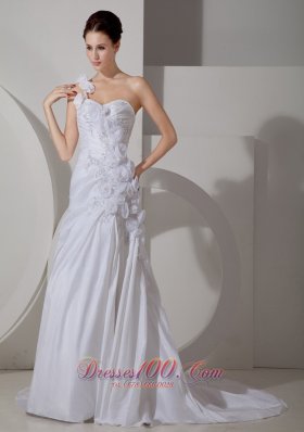 Hand Made Flowers Court Train One shoulder Wedding Bridal Dress