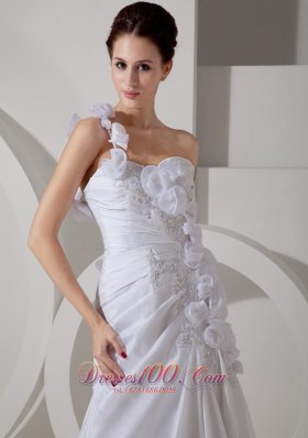 Hand Made Flowers Court Train One shoulder Wedding Bridal Dress