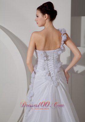 Hand Made Flowers Court Train One shoulder Wedding Bridal Dress