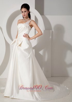 Ivory One Shoulder Ruched Wedding Dress Appliques Court Train