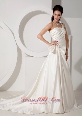 Ivory One Shoulder Ruched Wedding Dress Appliques Court Train