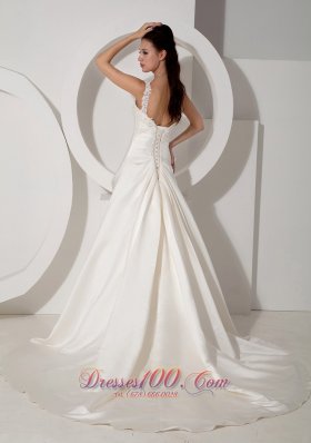 Ivory One Shoulder Ruched Wedding Dress Appliques Court Train