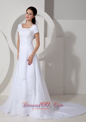 Short Sleeves Square A-line Wedding Gown Beading Ruch Court Train