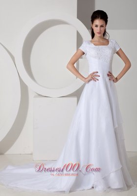 Short Sleeves Square A-line Wedding Gown Beading Ruch Court Train