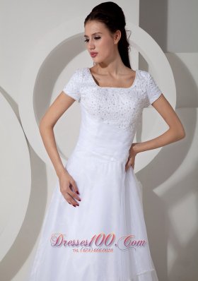 Short Sleeves Square A-line Wedding Gown Beading Ruch Court Train