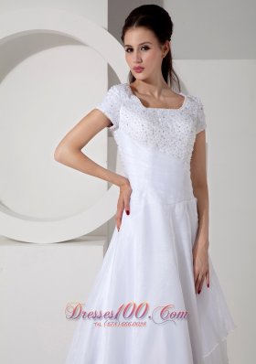 Short Sleeves Square A-line Wedding Gown Beading Ruch Court Train