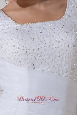 Short Sleeves Square A-line Wedding Gown Beading Ruch Court Train