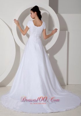 Short Sleeves Square A-line Wedding Gown Beading Ruch Court Train