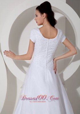 Short Sleeves Square A-line Wedding Gown Beading Ruch Court Train