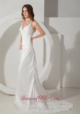 Halter Sweet Train Taffeta Column Bridal Dress Ruch And Straps