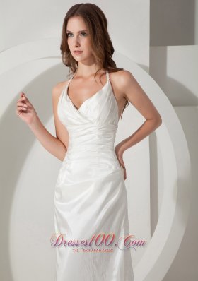 Halter Sweet Train Taffeta Column Bridal Dress Ruch And Straps