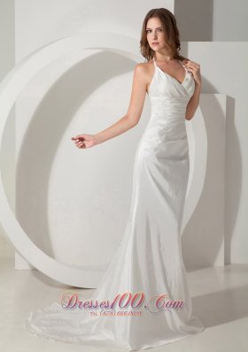 Halter Sweet Train Taffeta Column Bridal Dress Ruch And Straps