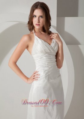 Halter Sweet Train Taffeta Column Bridal Dress Ruch And Straps