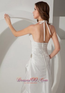 Halter Sweet Train Taffeta Column Bridal Dress Ruch And Straps