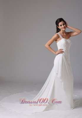 Appliques One Shoulder Chiffon Court Train Bridal Wedding Dress