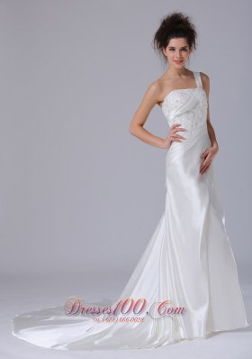 One Shoulder Beading Taffeta Bridal Wedding Gown With Court Train